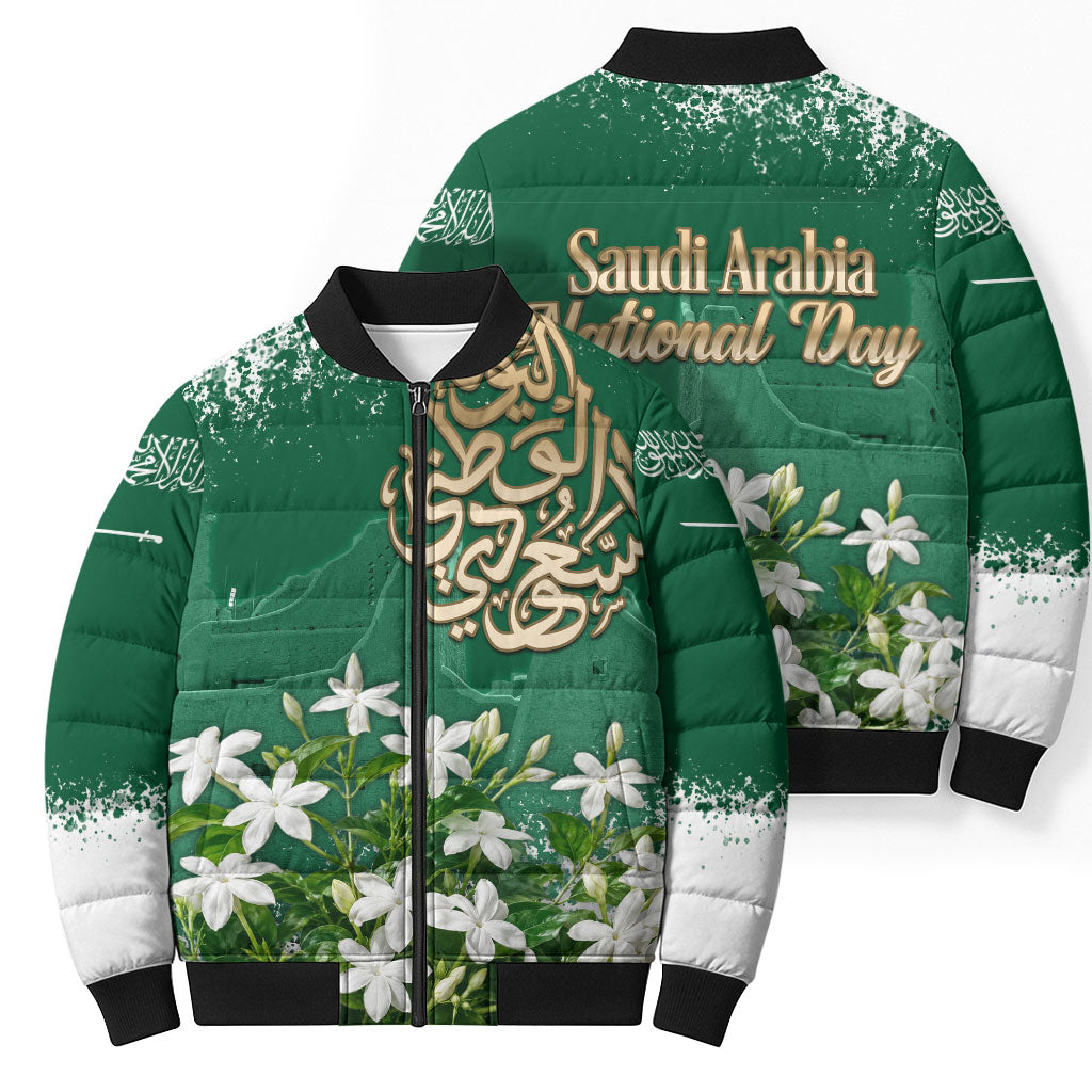 Saudi Arabia National Day Bomber Puffer Jacket White Jasmine Arabic Calligraphy Cultural Pride