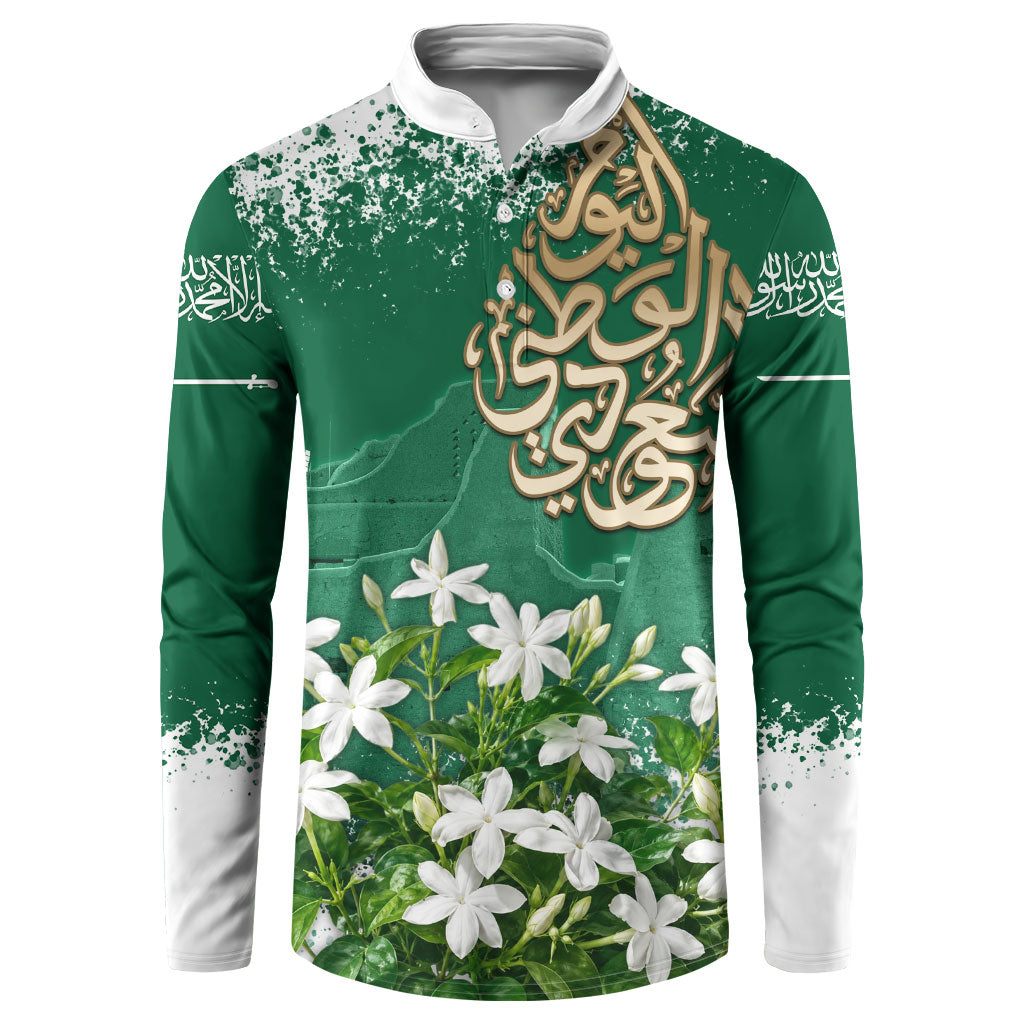 Saudi Arabia National Day Button Sweatshirt White Jasmine Arabic Calligraphy Cultural Pride