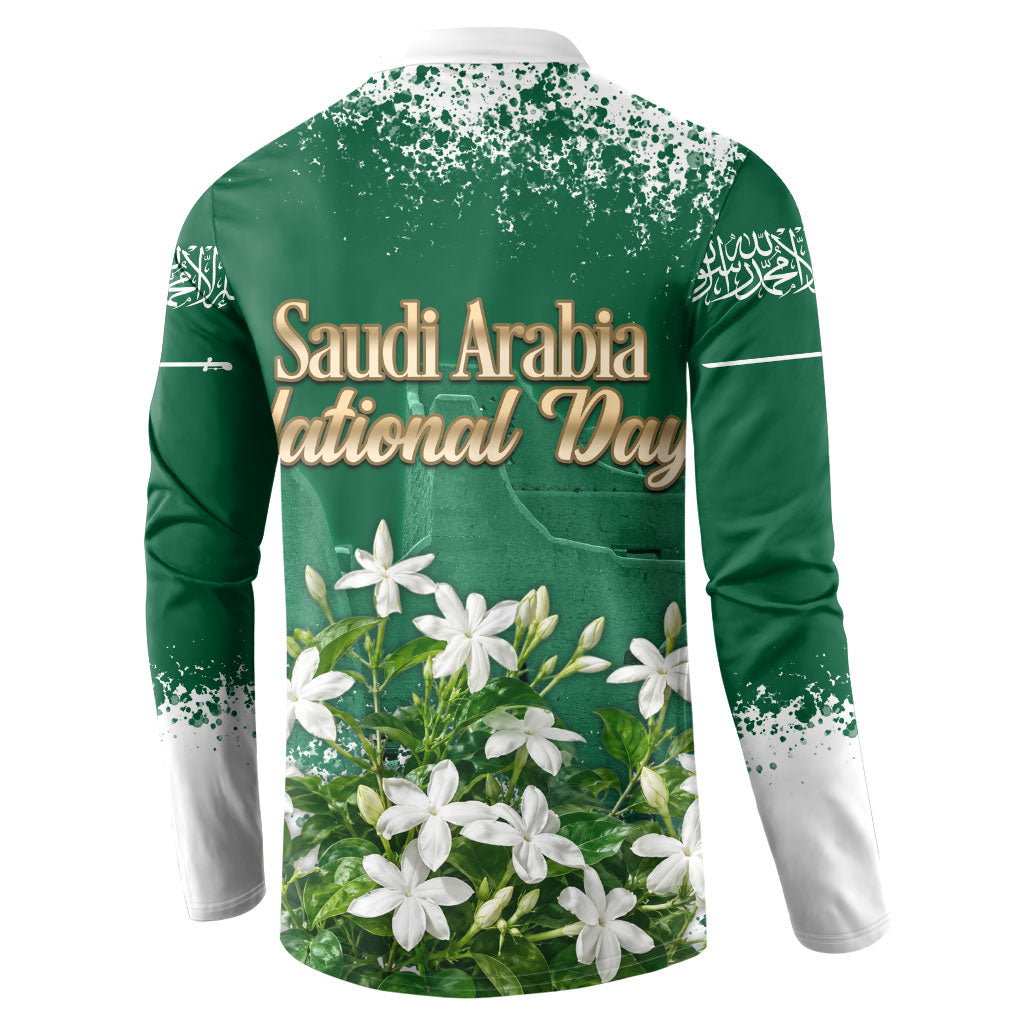 Saudi Arabia National Day Button Sweatshirt White Jasmine Arabic Calligraphy Cultural Pride
