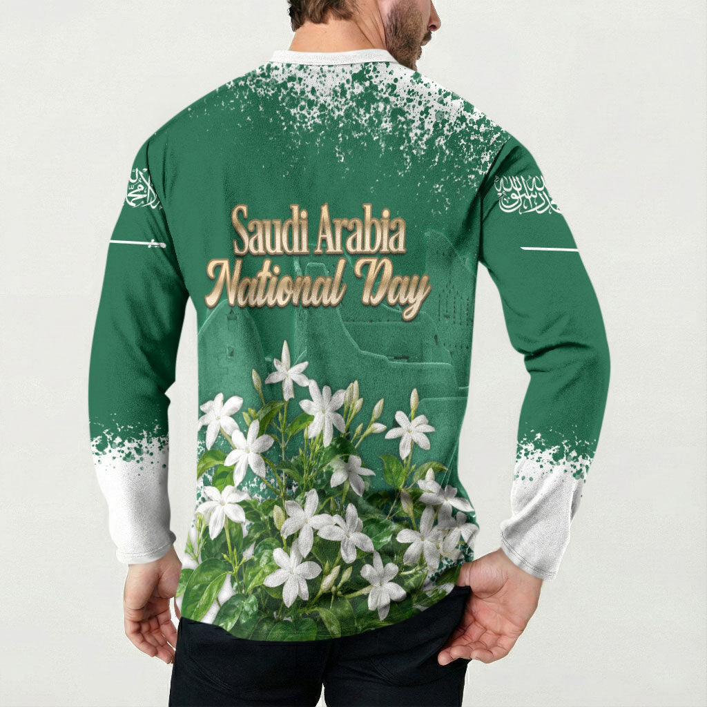 Saudi Arabia National Day Button Sweatshirt White Jasmine Arabic Calligraphy Cultural Pride