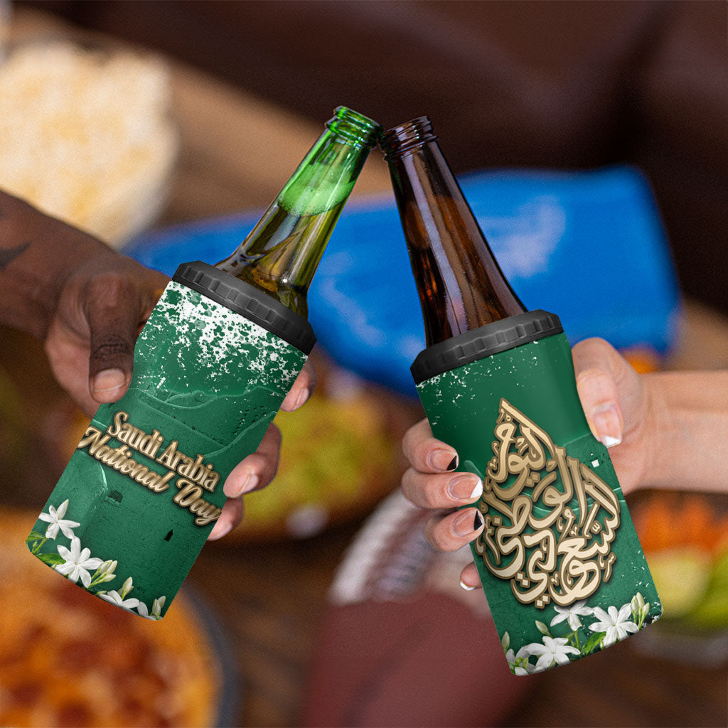 Saudi Arabia National Day 4 in 1 Can Cooler Tumbler White Jasmine Arabic Calligraphy Cultural Pride