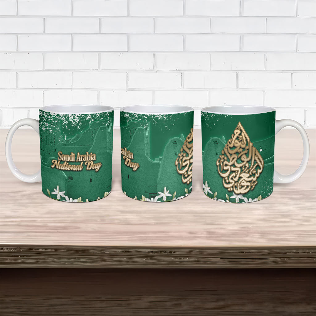 Saudi Arabia National Day Ceramic Mug White Jasmine Arabic Calligraphy Cultural Pride