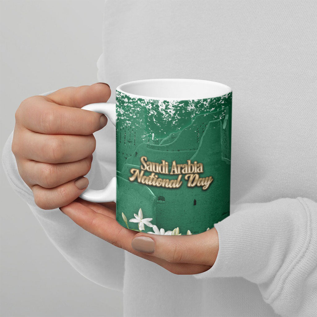 Saudi Arabia National Day Ceramic Mug White Jasmine Arabic Calligraphy Cultural Pride