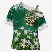 Saudi Arabia National Day Cross Shoulder Shirt White Jasmine Arabic Calligraphy Cultural Pride