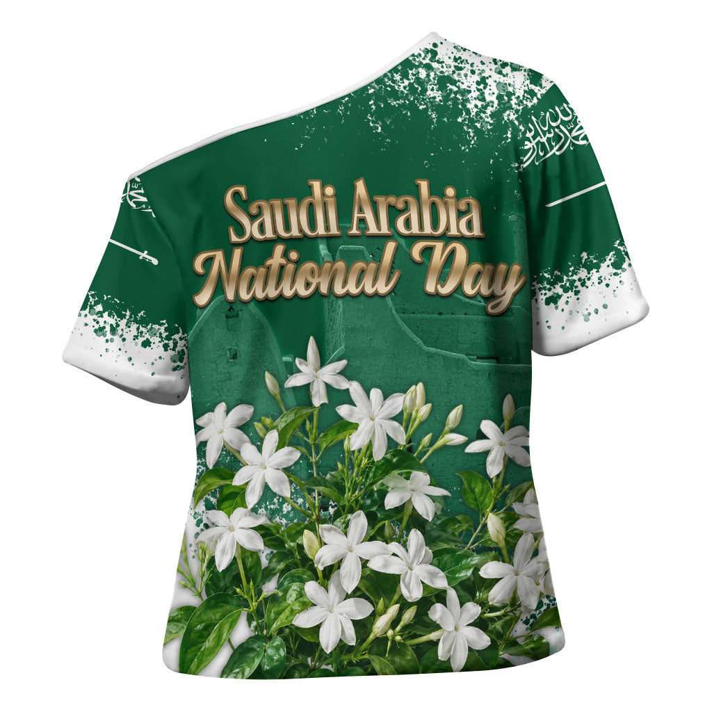 Saudi Arabia National Day Cross Shoulder Shirt White Jasmine Arabic Calligraphy Cultural Pride