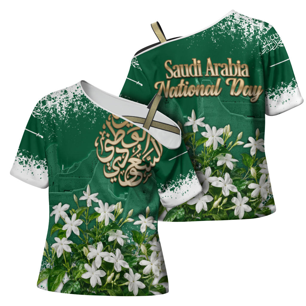 Saudi Arabia National Day Cross Shoulder Shirt White Jasmine Arabic Calligraphy Cultural Pride