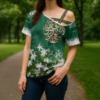 Saudi Arabia National Day Cross Shoulder Shirt White Jasmine Arabic Calligraphy Cultural Pride