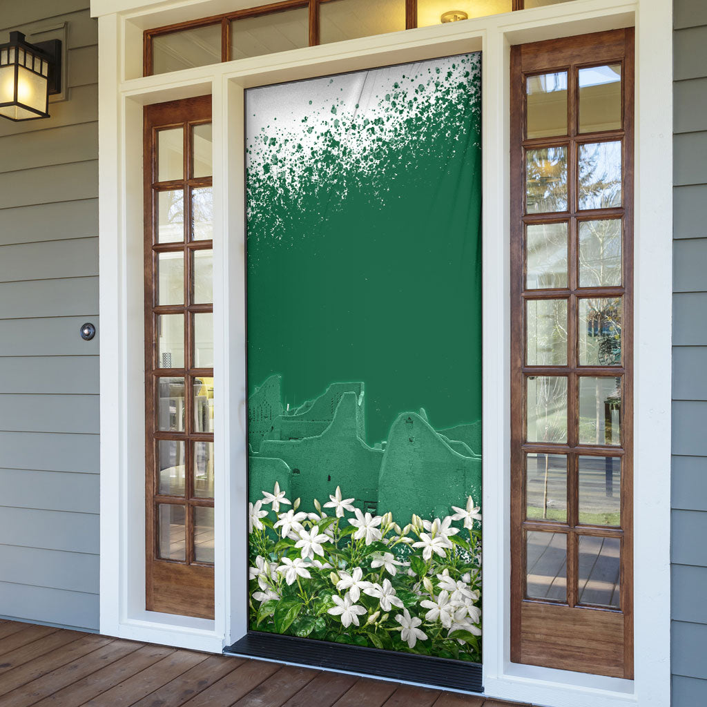 Saudi Arabia National Day Door Cover White Jasmine Arabic Calligraphy Cultural Pride