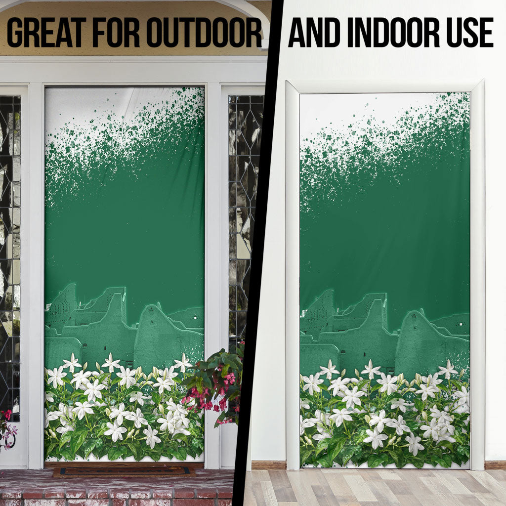 Saudi Arabia National Day Door Cover White Jasmine Arabic Calligraphy Cultural Pride