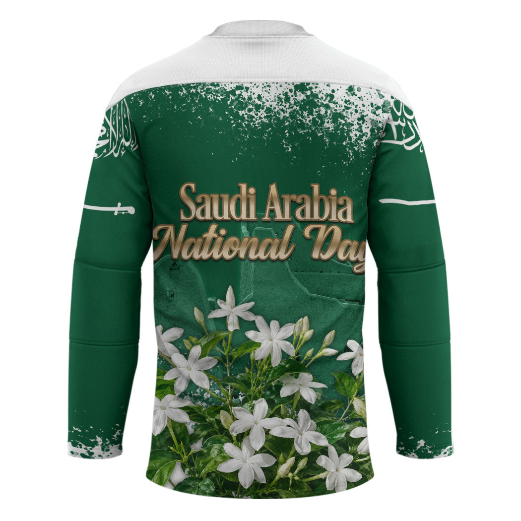 Saudi Arabia National Day Hockey Jersey White Jasmine Arabic Calligraphy Cultural Pride