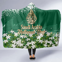 Saudi Arabia National Day Hooded Blanket White Jasmine Arabic Calligraphy Cultural Pride