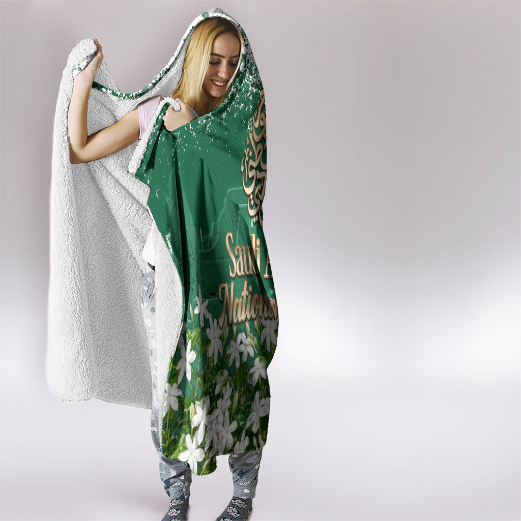 Saudi Arabia National Day Hooded Blanket White Jasmine Arabic Calligraphy Cultural Pride