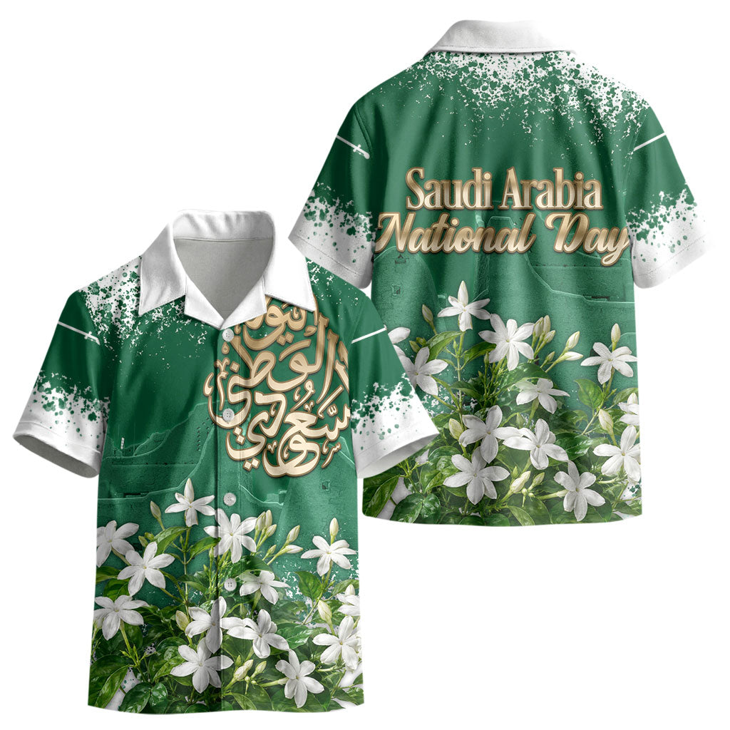 Saudi Arabia National Day Kid Hawaiian Shirt White Jasmine Arabic Calligraphy Cultural Pride