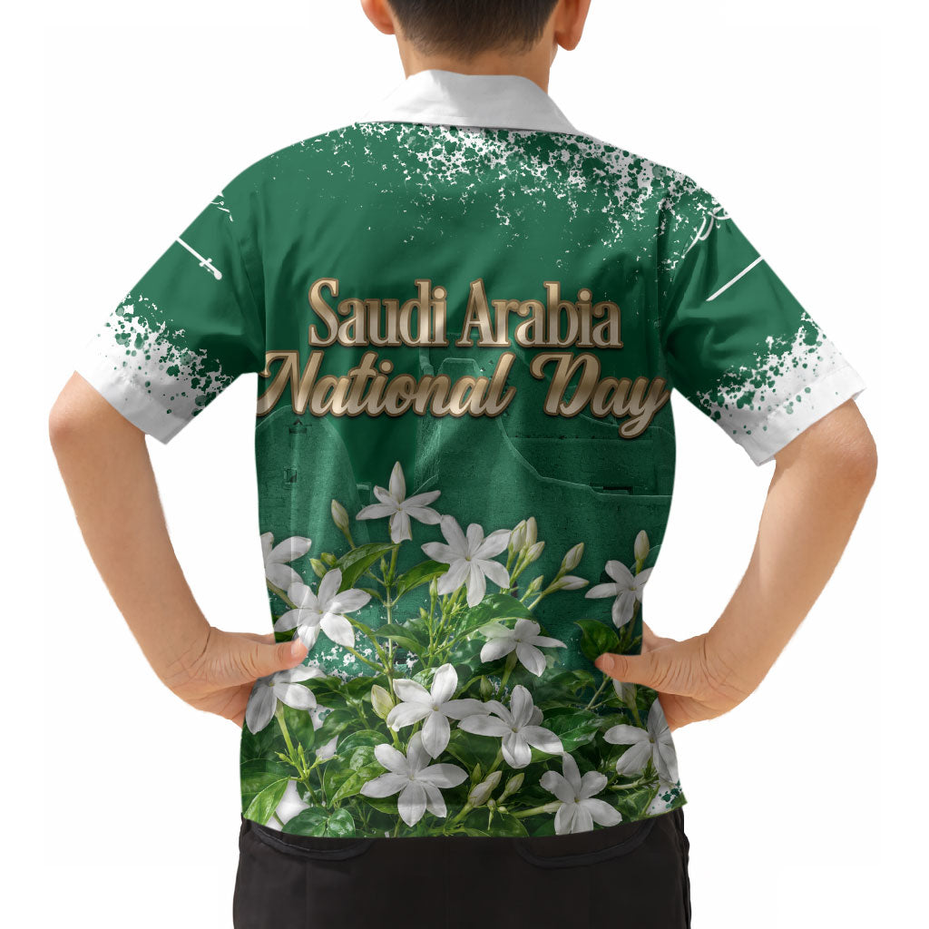 Saudi Arabia National Day Kid Hawaiian Shirt White Jasmine Arabic Calligraphy Cultural Pride
