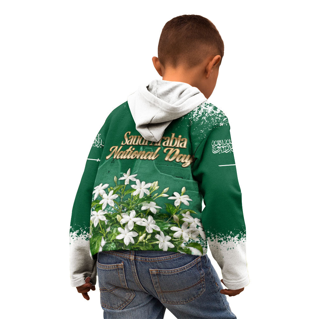 Saudi Arabia National Day Kid Hoodie White Jasmine Arabic Calligraphy Cultural Pride