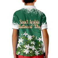 Saudi Arabia National Day Kid Polo Shirt White Jasmine Arabic Calligraphy Cultural Pride