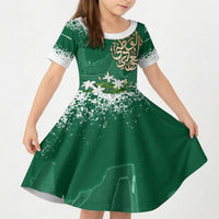 Saudi Arabia National Day Kid Short Sleeve Dress White Jasmine Arabic Calligraphy Cultural Pride