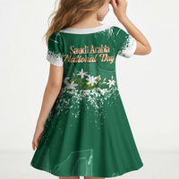 Saudi Arabia National Day Kid Short Sleeve Dress White Jasmine Arabic Calligraphy Cultural Pride