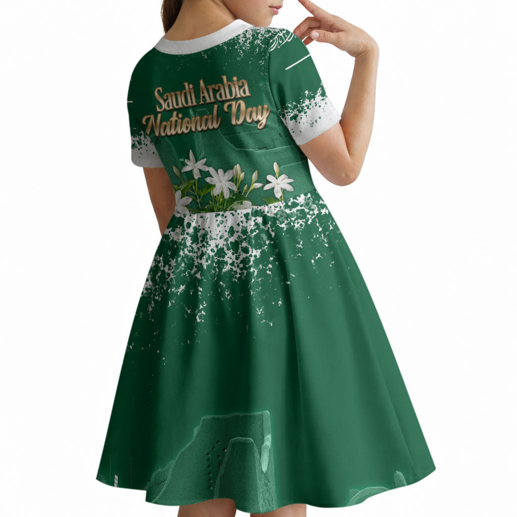 Saudi Arabia National Day Kid Short Sleeve Dress White Jasmine Arabic Calligraphy Cultural Pride