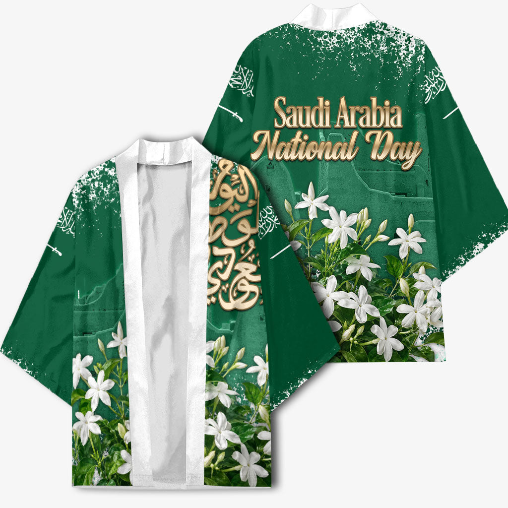 Saudi Arabia National Day Kimono White Jasmine Arabic Calligraphy Cultural Pride