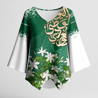 Saudi Arabia National Day Kimono Sleeve Blouse White Jasmine Arabic Calligraphy Cultural Pride