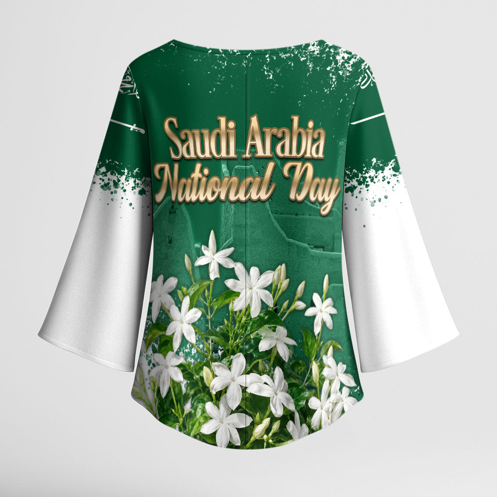 Saudi Arabia National Day Kimono Sleeve Blouse White Jasmine Arabic Calligraphy Cultural Pride