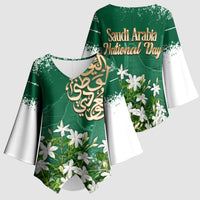 Saudi Arabia National Day Kimono Sleeve Blouse White Jasmine Arabic Calligraphy Cultural Pride