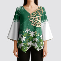 Saudi Arabia National Day Kimono Sleeve Blouse White Jasmine Arabic Calligraphy Cultural Pride