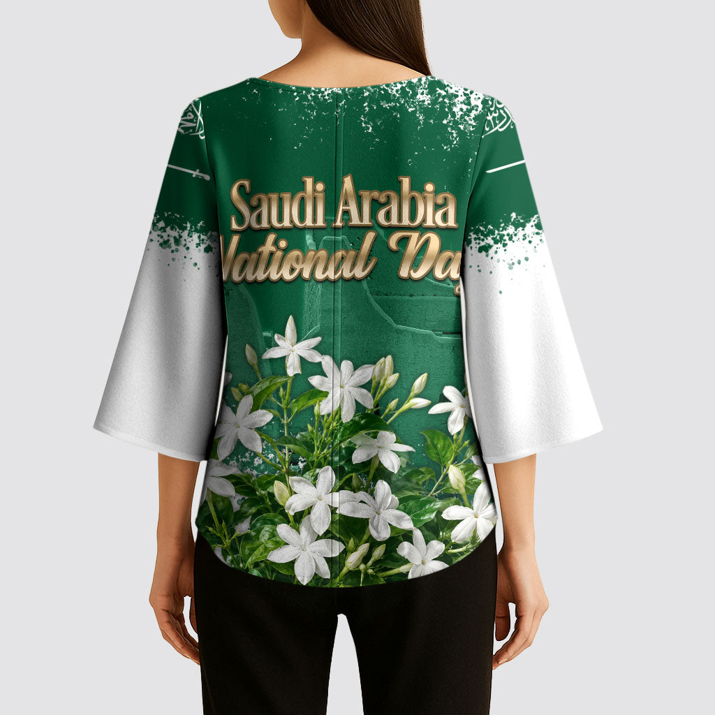 Saudi Arabia National Day Kimono Sleeve Blouse White Jasmine Arabic Calligraphy Cultural Pride