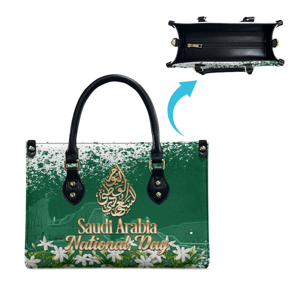 Saudi Arabia National Day Leather Bag White Jasmine Arabic Calligraphy Cultural Pride