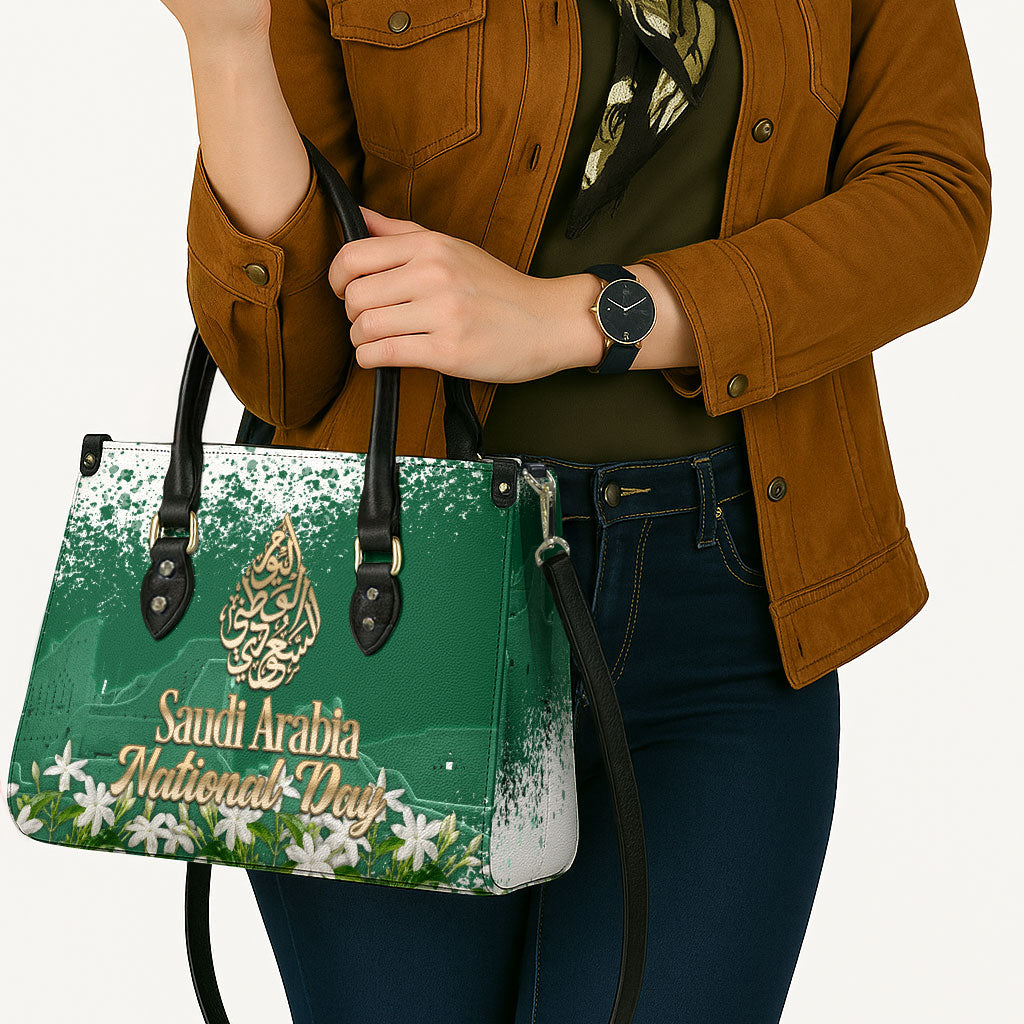 Saudi Arabia National Day Leather Bag White Jasmine Arabic Calligraphy Cultural Pride