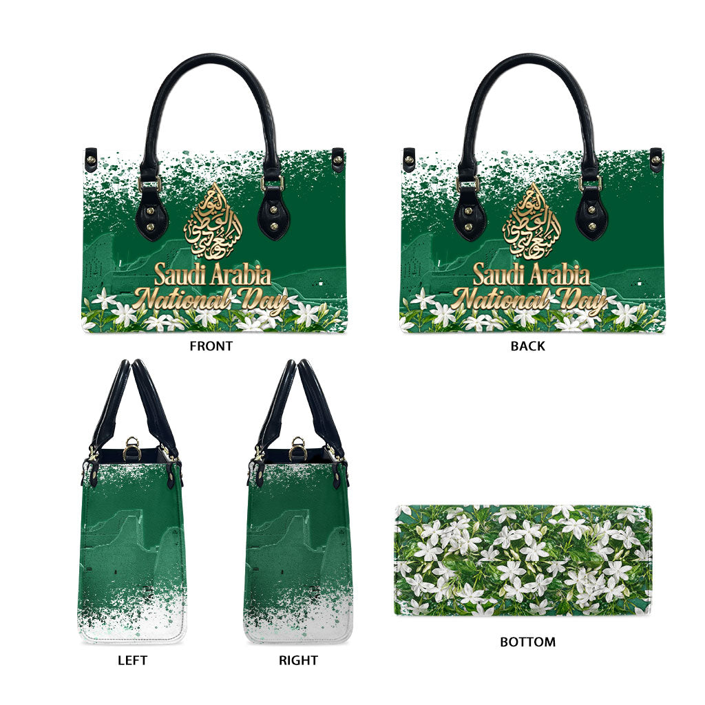 Saudi Arabia National Day Leather Bag White Jasmine Arabic Calligraphy Cultural Pride