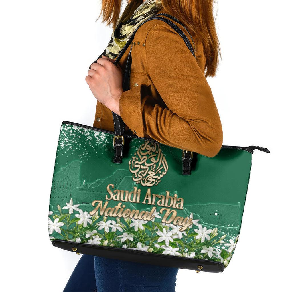 Saudi Arabia National Day Leather Tote Bag White Jasmine Arabic Calligraphy Cultural Pride