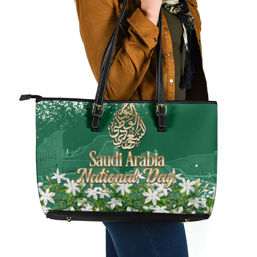 Saudi Arabia National Day Leather Tote Bag White Jasmine Arabic Calligraphy Cultural Pride
