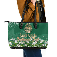 Saudi Arabia National Day Leather Tote Bag White Jasmine Arabic Calligraphy Cultural Pride