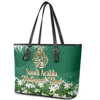 Saudi Arabia National Day Leather Tote Bag White Jasmine Arabic Calligraphy Cultural Pride