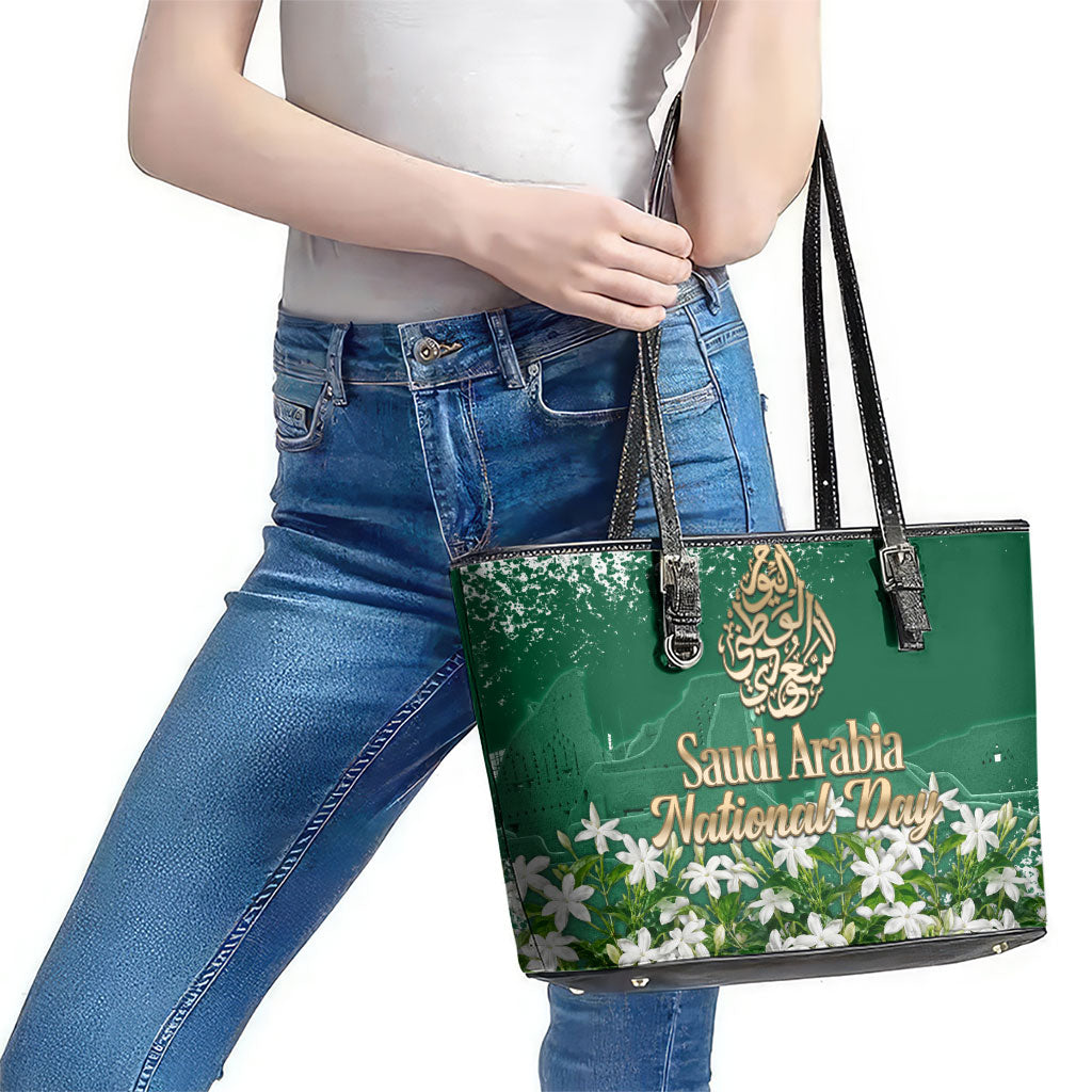 Saudi Arabia National Day Leather Tote Bag White Jasmine Arabic Calligraphy Cultural Pride
