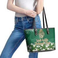Saudi Arabia National Day Leather Tote Bag White Jasmine Arabic Calligraphy Cultural Pride