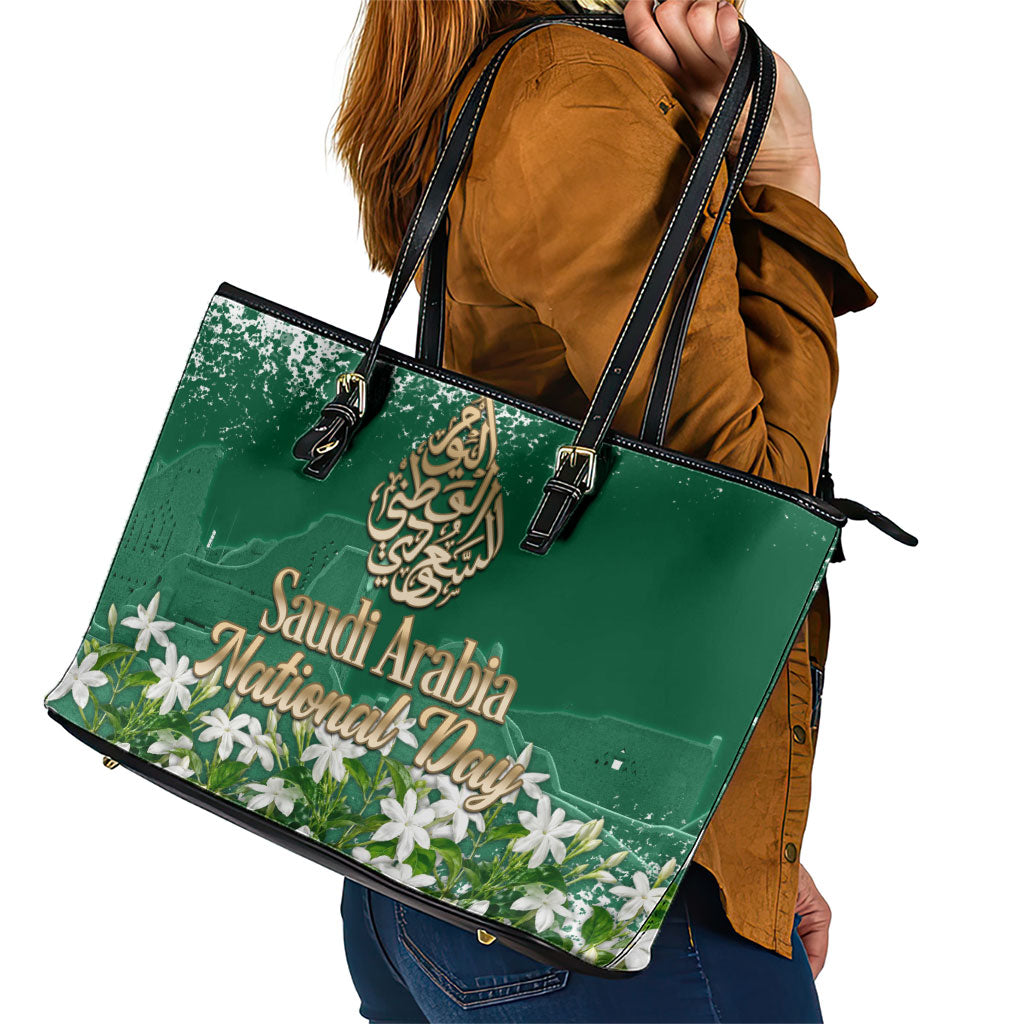 Saudi Arabia National Day Leather Tote Bag White Jasmine Arabic Calligraphy Cultural Pride