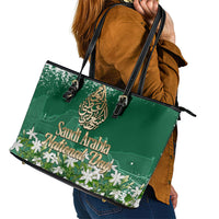 Saudi Arabia National Day Leather Tote Bag White Jasmine Arabic Calligraphy Cultural Pride
