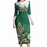 Saudi Arabia National Day Long Sleeve Bodycon Dress White Jasmine Arabic Calligraphy Cultural Pride