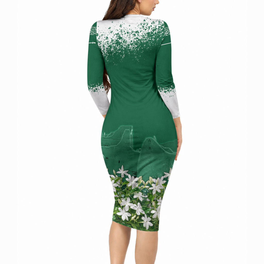 Saudi Arabia National Day Long Sleeve Bodycon Dress White Jasmine Arabic Calligraphy Cultural Pride