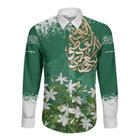 Saudi Arabia National Day Long Sleeve Button Shirt White Jasmine Arabic Calligraphy Cultural Pride