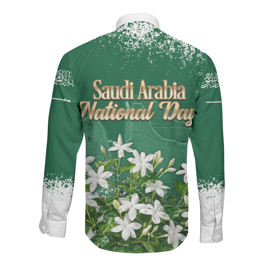 Saudi Arabia National Day Long Sleeve Button Shirt White Jasmine Arabic Calligraphy Cultural Pride