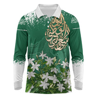 Saudi Arabia National Day Long Sleeve Polo Shirt White Jasmine Arabic Calligraphy Cultural Pride