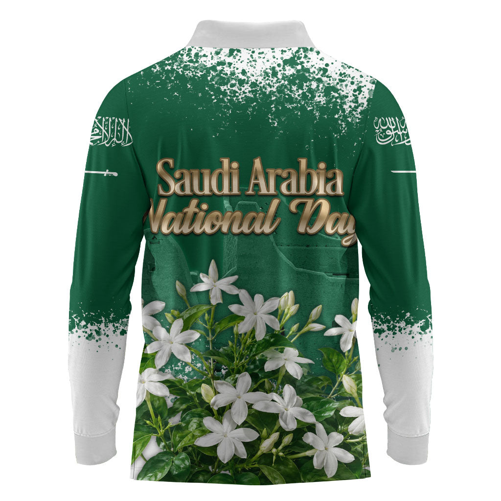 Saudi Arabia National Day Long Sleeve Polo Shirt White Jasmine Arabic Calligraphy Cultural Pride