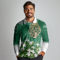 Saudi Arabia National Day Long Sleeve Polo Shirt White Jasmine Arabic Calligraphy Cultural Pride