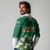 Saudi Arabia National Day Long Sleeve Polo Shirt White Jasmine Arabic Calligraphy Cultural Pride