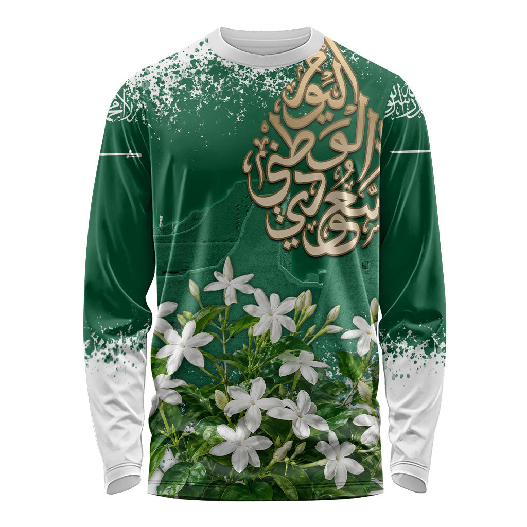 Saudi Arabia National Day Long Sleeve Shirt White Jasmine Arabic Calligraphy Cultural Pride