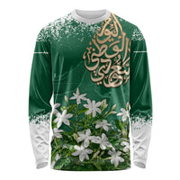 Saudi Arabia National Day Long Sleeve Shirt White Jasmine Arabic Calligraphy Cultural Pride